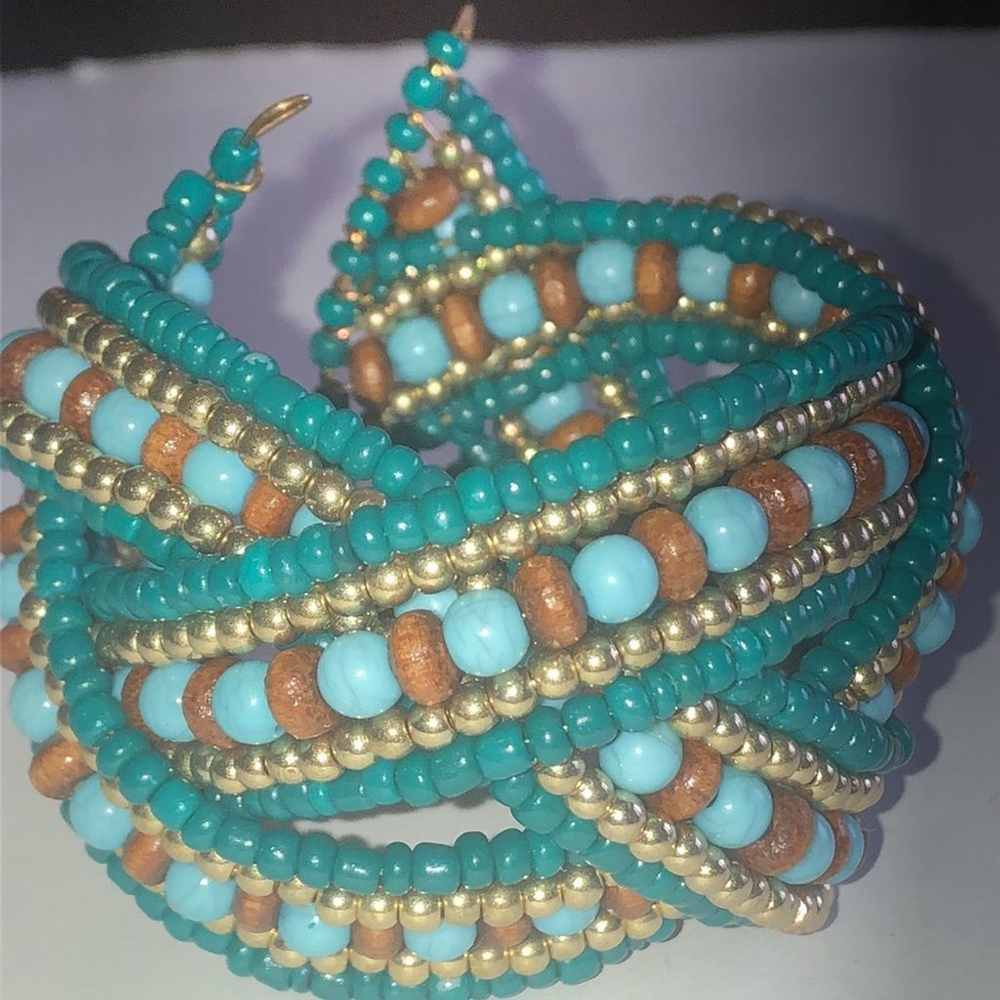 Teal & Tan Wooden Seed Bead Beaded Criss Cross Boho Cuff Bracelet - Picture 4 of 7